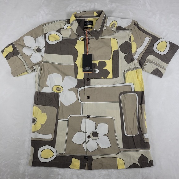 Quiksilver Waterman Shirt Men's Medium Brown Yellow Comfort Fit Short Sleeve NWT - Picture 1 of 7